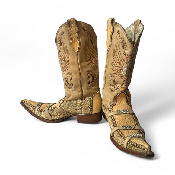 Carreta Beige Crocodile Handmade Western Cowboy Boots Men's Sz 9 Rhinestone - Picture 7 of 9